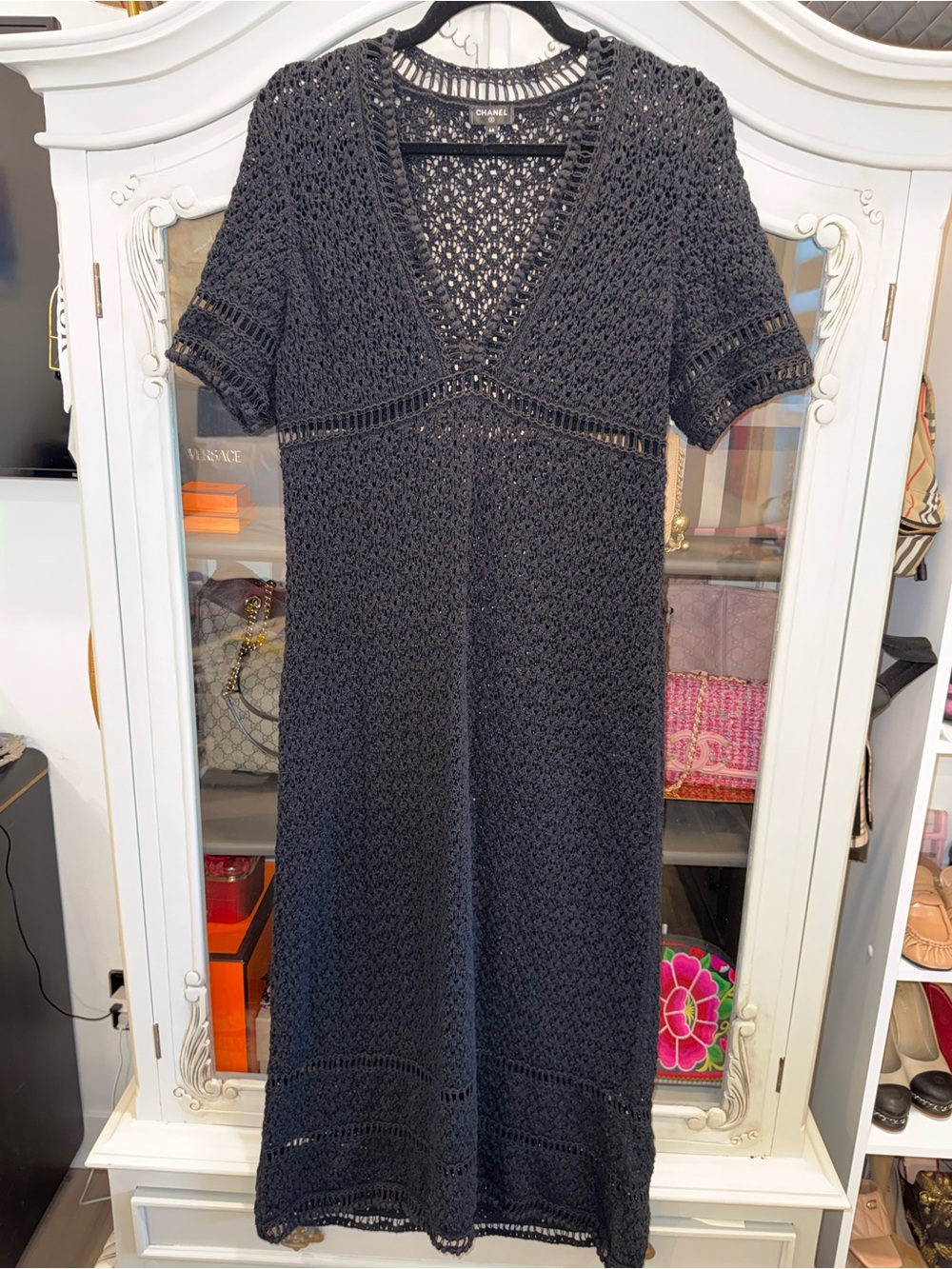 CHANEL Black Crochet Short-Sleeve Midi Dress